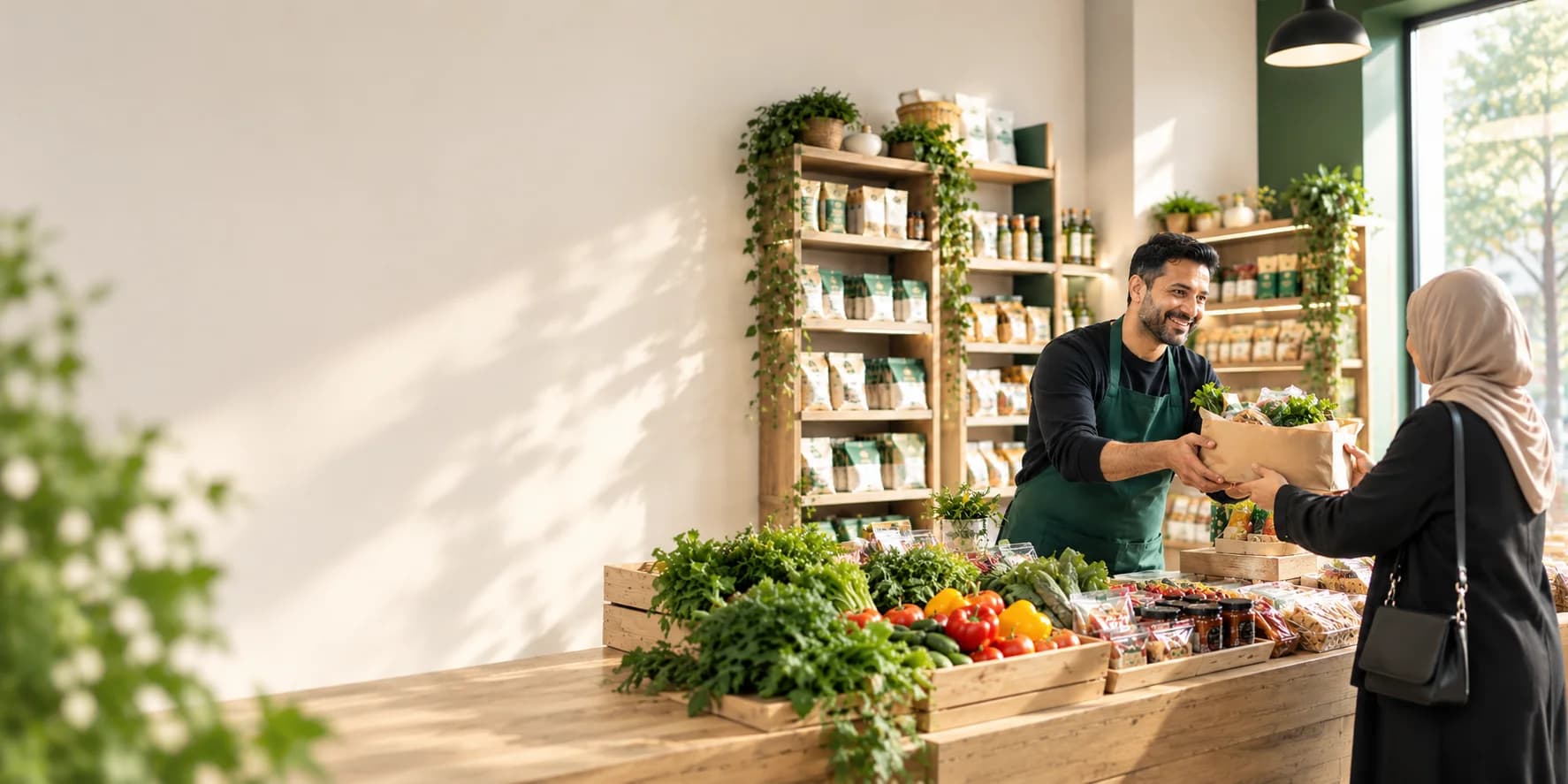 photo: a grocer handing a customer her groceries